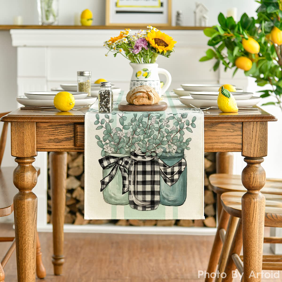 Artoid Mode Buffalo Plaid Eucalyptus Vases Summer Table Runner, Spring Kitchen Dining Table Decoration for Home Party Decor 13x72 Inch