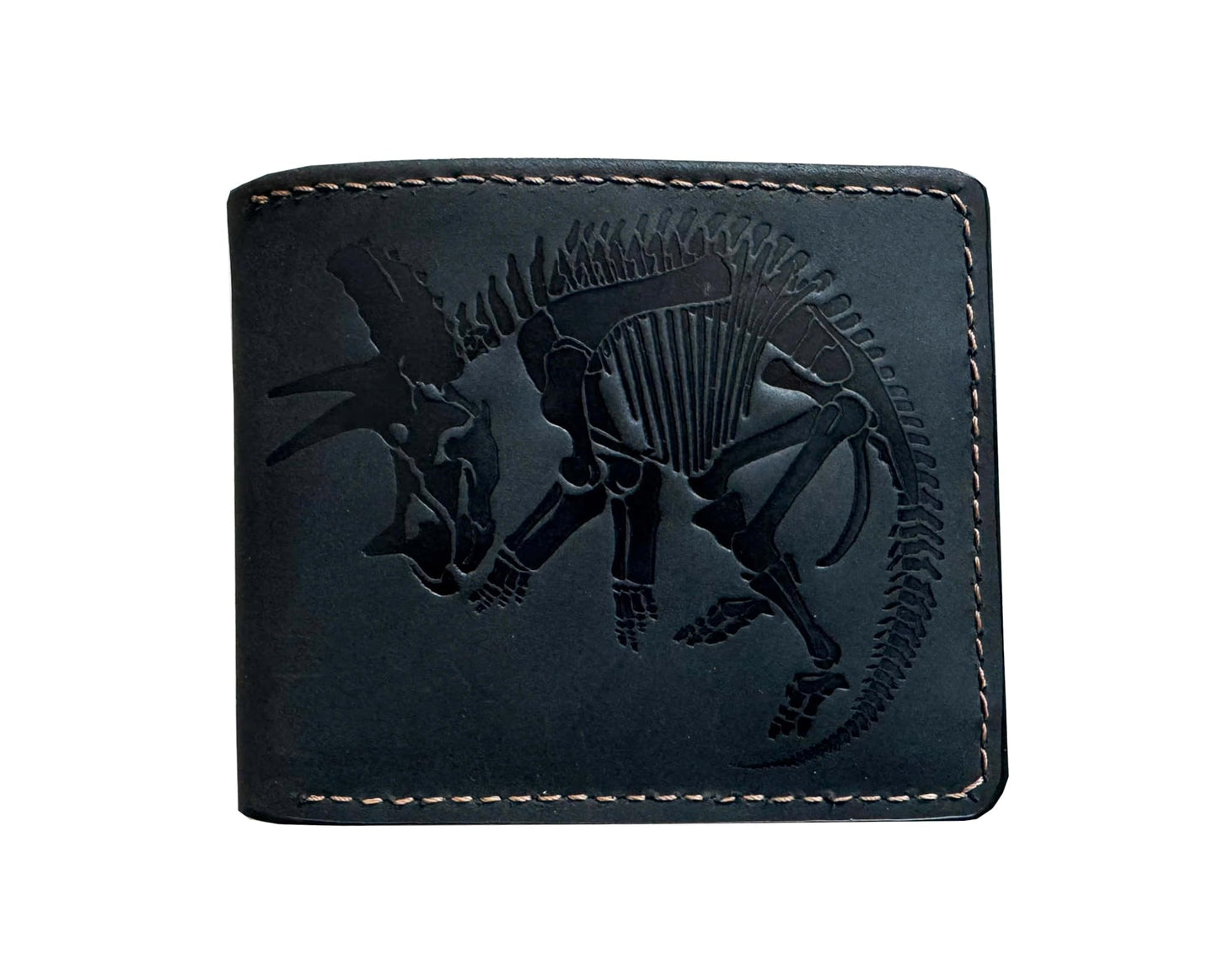 Mayan Corner Handmade Genuine Leather Wallet for Men – Embossed Dinosaur Skeleton Design – Slim Bifold Wallet – Triceratops