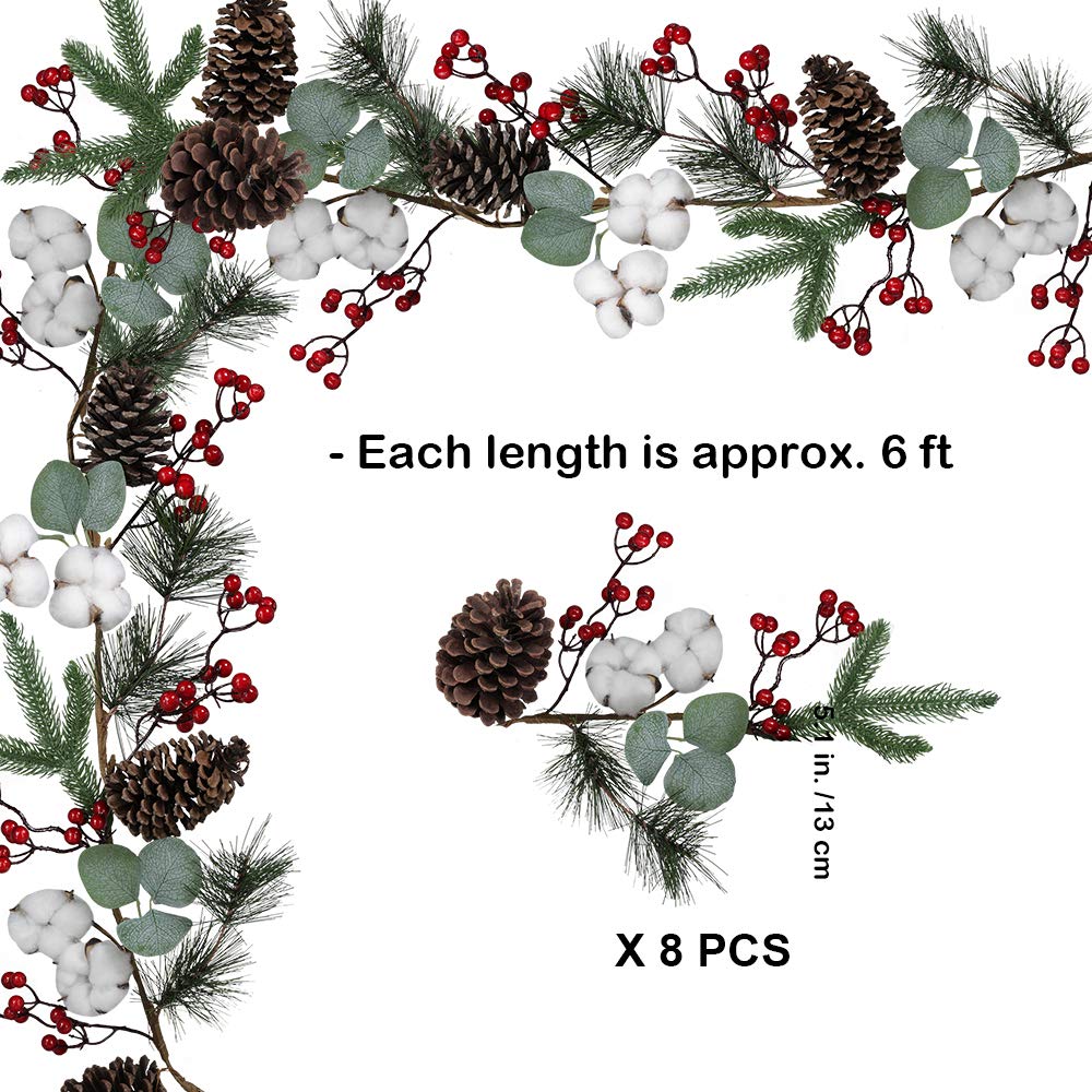 Artificial Christmas Pine Garland with Berries Pinecones Spruce Eucalyptus Leaves Cotton Balls Winter Greenery Garland for Holiday Season Mantel Fireplace Table Runner Centerpiece Décor 6 feet