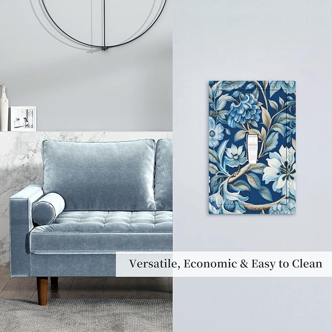 Blue Flowers Branches Leaves Floral Pattern Light Switch Covers 1 Gang Single Toggle Wall Plate Decorative Switchcover Electrical Switchplate for Country Living Decor
