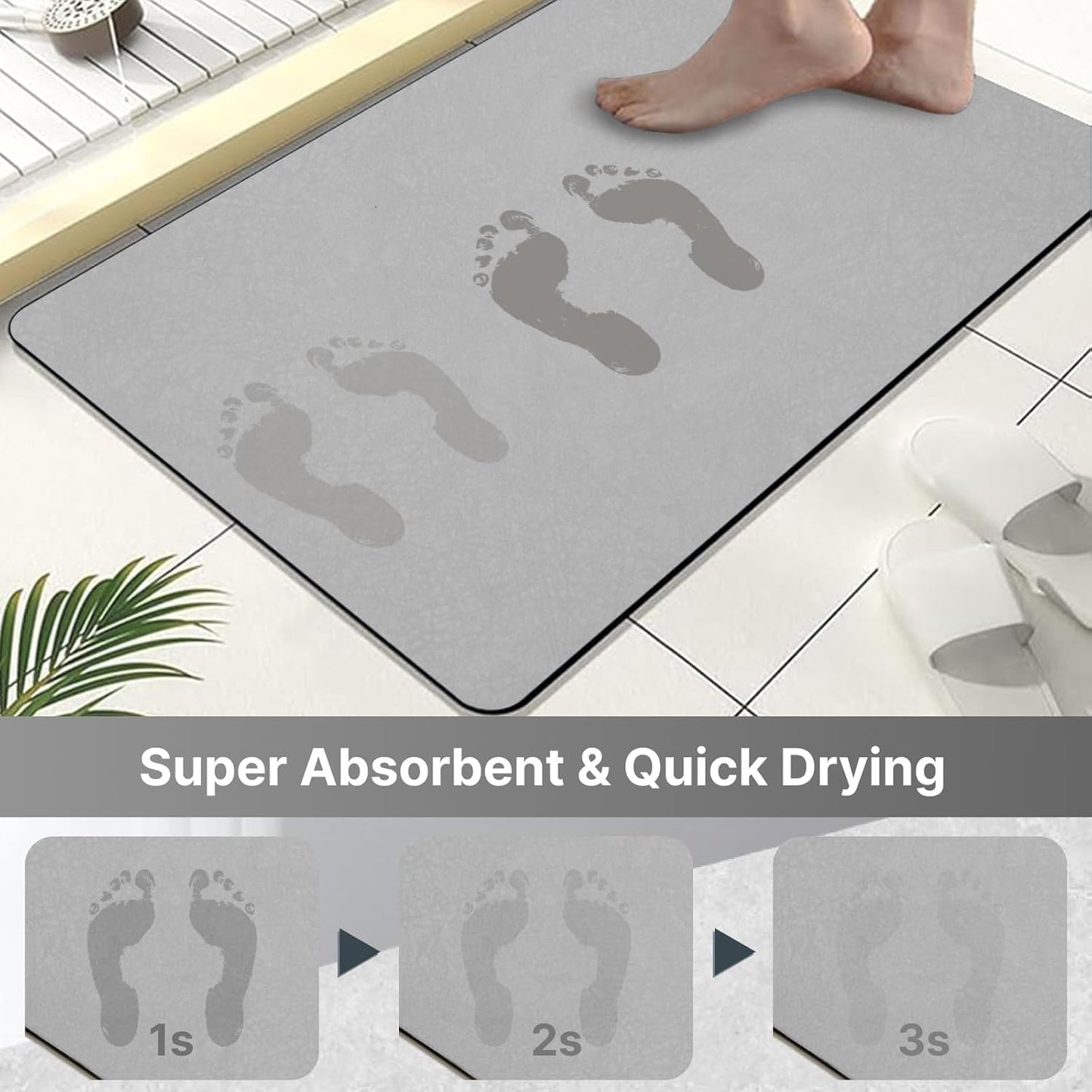 Large Bath Mat Diatomaceous Earth Bath Super Absorbent Quick Dry Non Slip Diatomite Stone Bath Mat Thin Bathroom Floor Mats Fit Under Door-Shower Rug for in Front of Bathtub Shower, Grey, 19.6"x31.5"