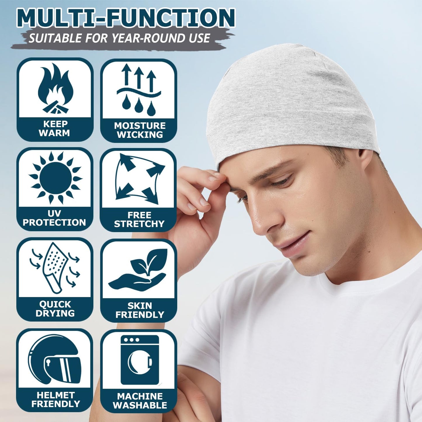 100% Cotton Skull Caps Beanie Sleeping Hats for Men Women 4-Pack Multi
