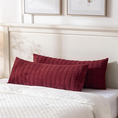Fancy Homi Burgundy Long Body Lumbar Decorative Throw Pillow Covers 20x54 Inch for Bed Couch Bedroom Bench, Soft Corduroy Rectangle Solid Pillow Case, Rustic Farmhouse Boho Room Decor
