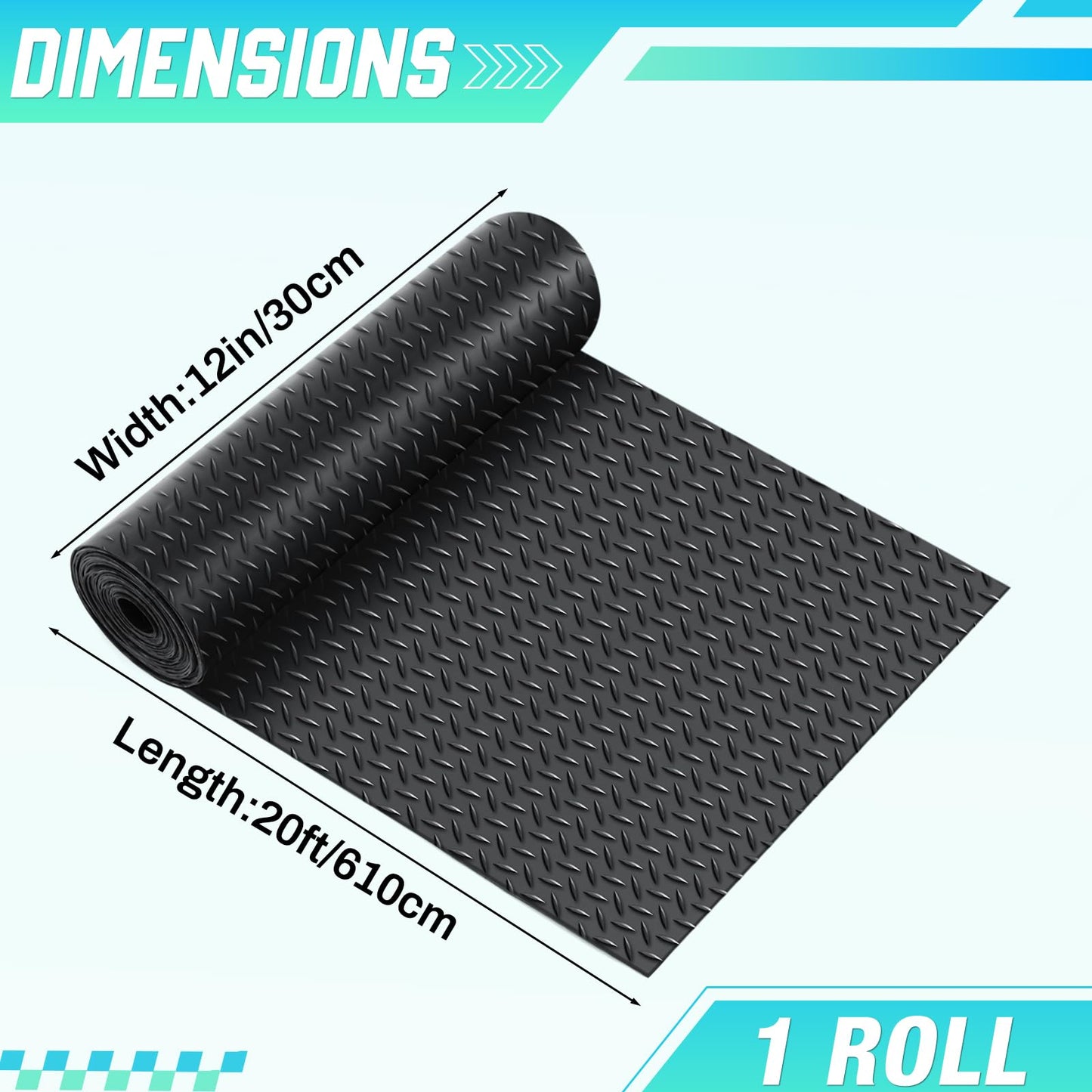 Breling 12 in x 20 ft Rubber Flooring Rolls Mats, Heavy Duty Diamond Plate Garage Floor Mat, PVC Water/Stain Outside Resistant Parking Rv Trailer Flooring (Black)