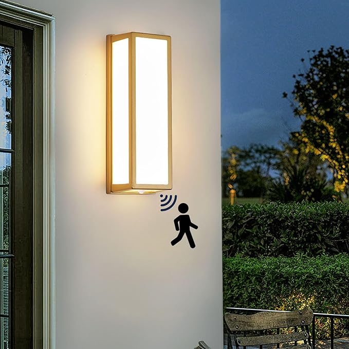 Motion Sensor Outdoor Wall Sconce LED 30W Aluminum - Gold Modern Exterior Light Fixture, 3000K Warm,IP65 Waterproof Rectangular Porch Lighting,for Patio,Garage,Front Door