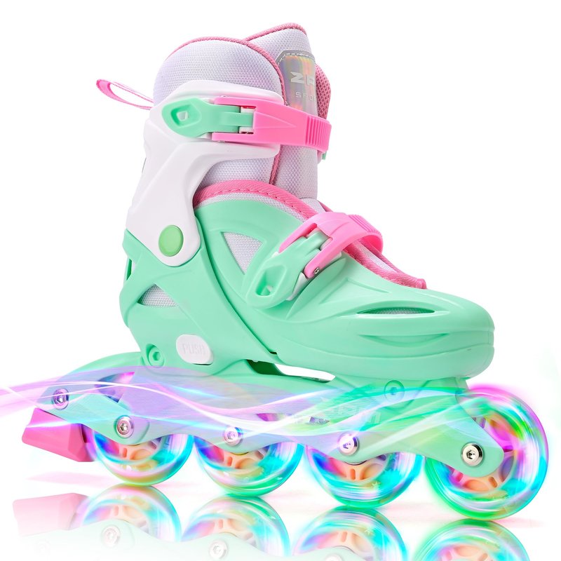 2PM SPORTS Inline Skates for Kids Ages 4-8 8-12 with Light Up Wheels, Adjustable Kids Roller Skates Blades for Youths Toddlers Beginners Indoor Outdoor - Green Large