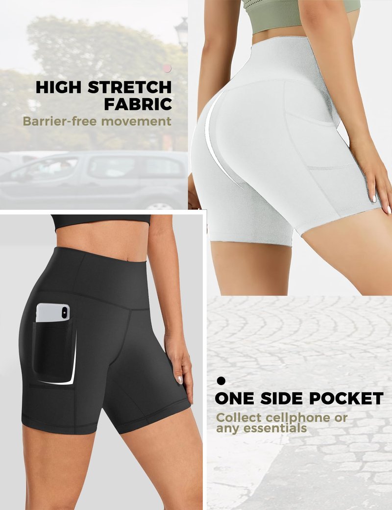 Womens 5" Biker Shorts with Pockets High Waisted Tummy Control Yoga Workout Gym Stretchy Spandex Shorts Leggings Compression Athletic Run Bicycle Cycling Volleyball Exercise Dance Bike Shorts Tights