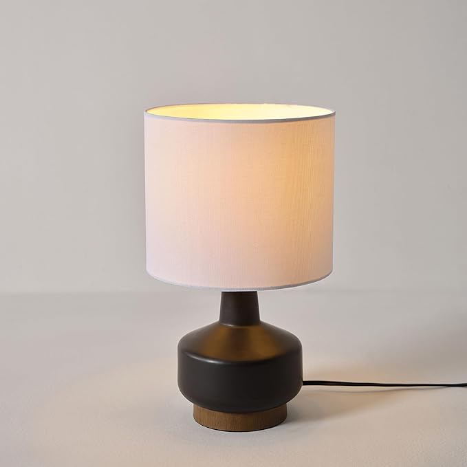 GLOBE Electric 61000046 15" Ceramic Table Lamp, Matte Black, Wood Toned Base, White Linen Shade, Dual Rotary Switch on Socket, Modern Lighting for Bedroom or Office, Home Décor, Lights for Nightstand