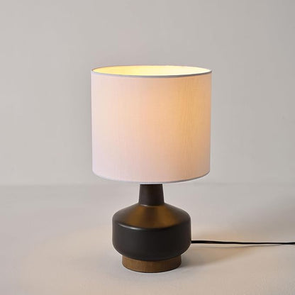 GLOBE Electric 61000046 15" Ceramic Table Lamp, Matte Black, Wood Toned Base, White Linen Shade, Dual Rotary Switch on Socket, Modern Lighting for Bedroom or Office, Home Décor, Lights for Nightstand