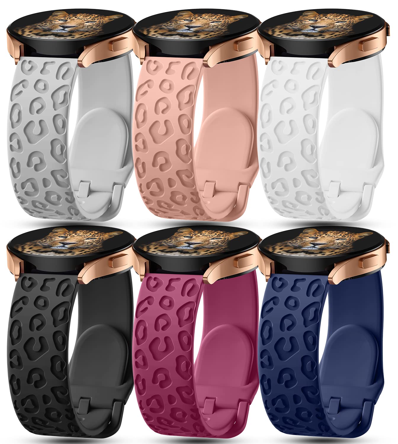 IKANFI 6Pack Engraved Band Compatible with Samsung Galaxy Watch 5 Band/Galaxy Watch 4 Bands/Galaxy Watch 3 Bands/Active 2 Watch Bands,20mm Leopard Silicone Sport Strap Replacement for Women Men-