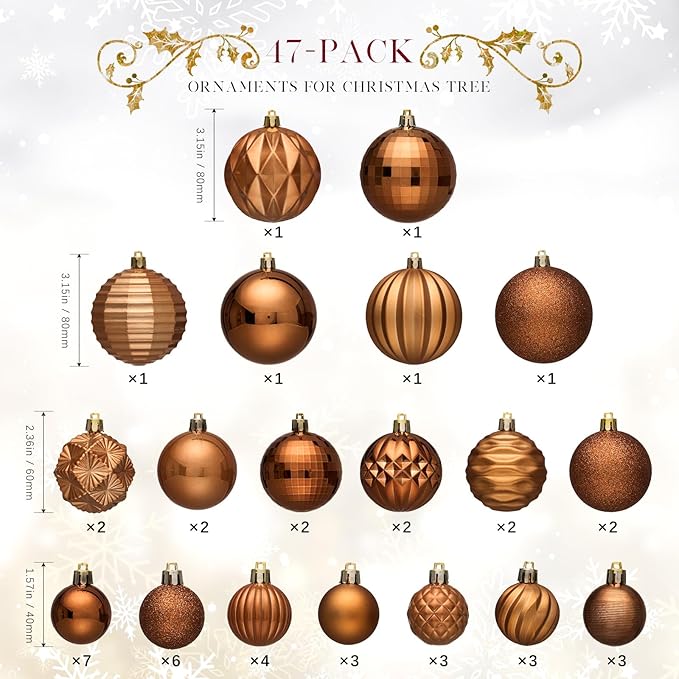 JORNOY Christmas Tree Ornaments Set, 47 Pack Assorted Shatterproof Hanging Balls Decorations, Plastic Bulbs Bulk with Lanyard for Home Holiday Party Decor, 3-Sizes (Caramel)