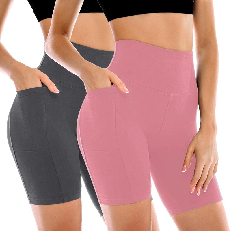 Leafigure 2 Pack Womens Biker Shorts with Pockets, High Waisted Tummy Control Yoga Shorts for Women Running Gym and Workout Dusty Pink/Grey L-XL