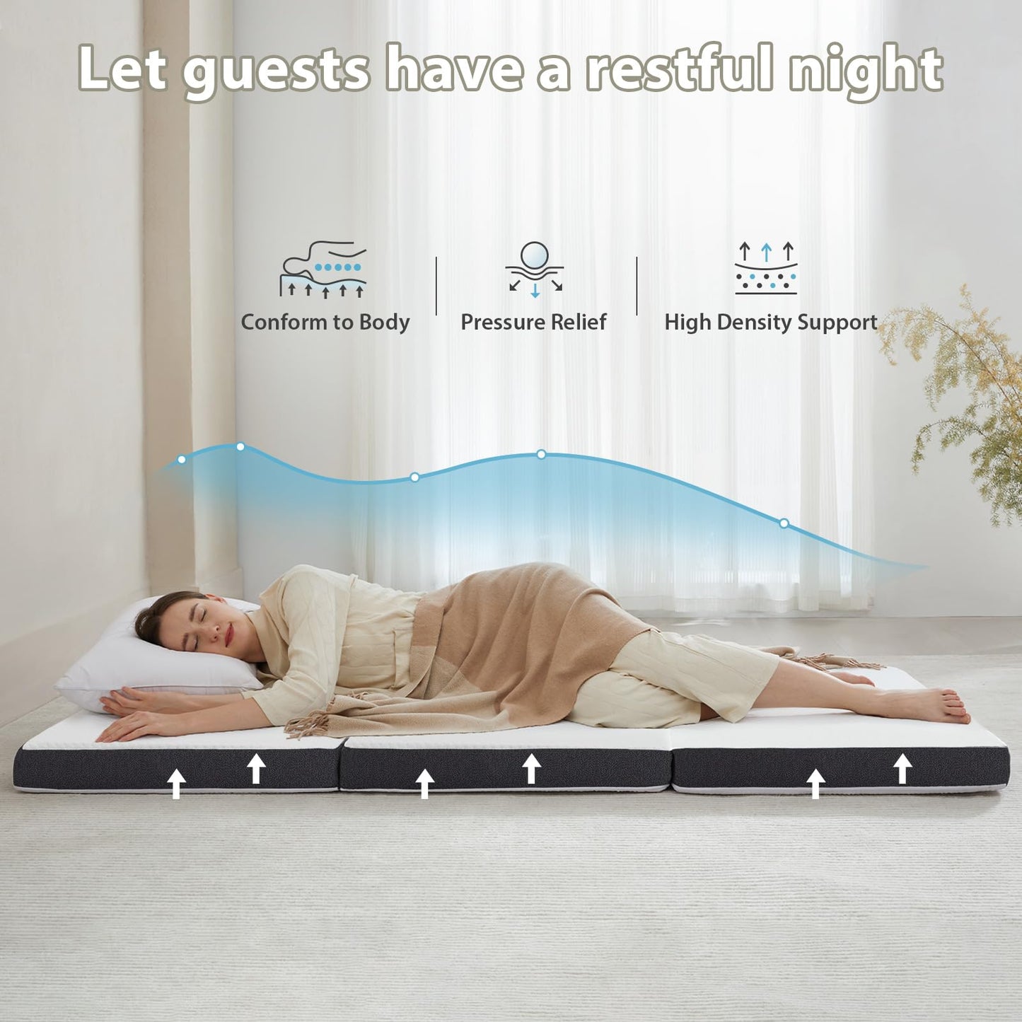 Tri Fold Memory Foam Foldable Mattress Single, 3 inch Folding Mattress for Guest Sleep. Portable Trifold Mat with Removable Washable Cover, Floor Sleeping Mat for Adult and Kid