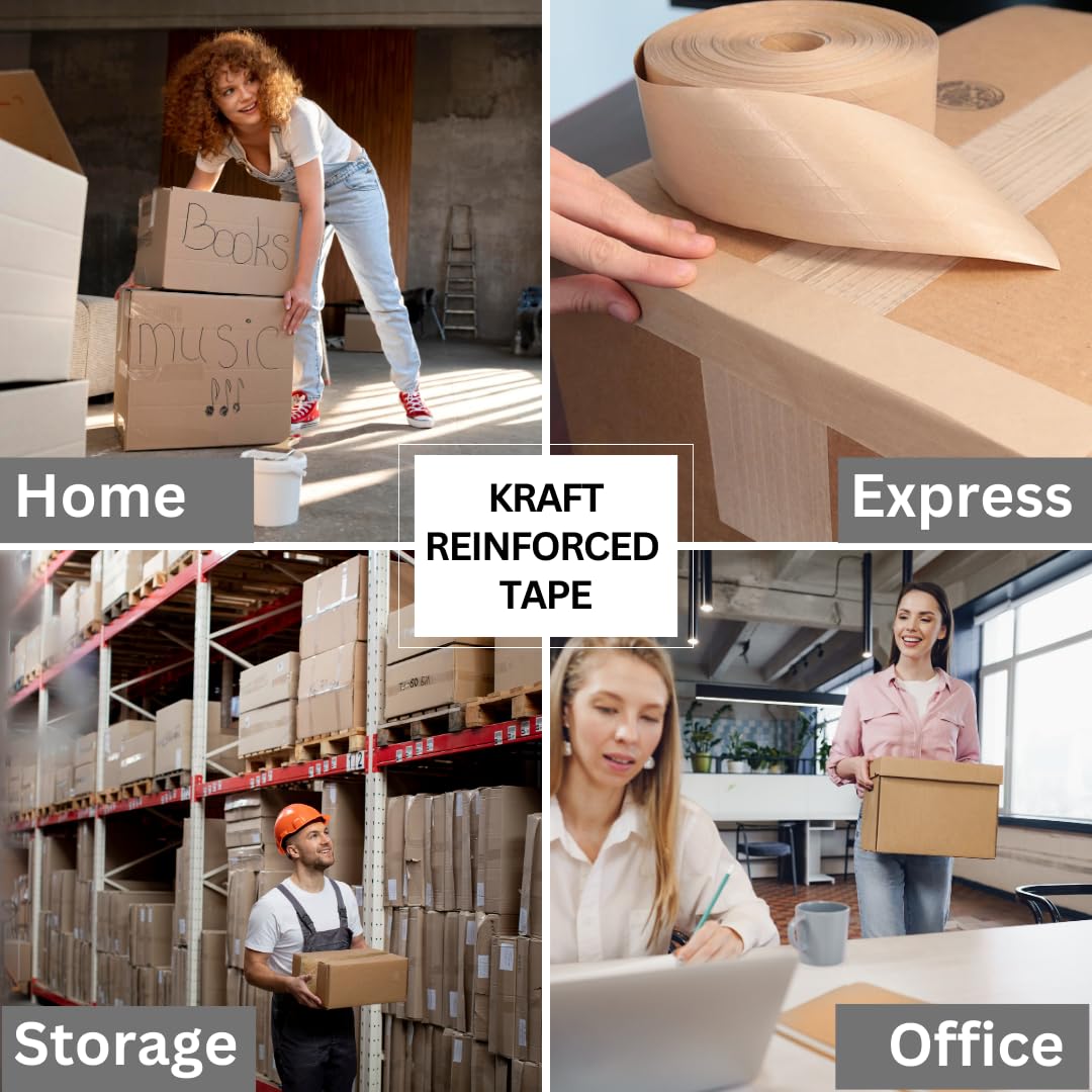 3'' x 492 Feet (150M) Reinforced Water Activated Gummed Kraft Paper Tape, for Heavy Duty Secure Packing Shipping, Tamper Evident Gummed Tape, Brown - 10 Rolls