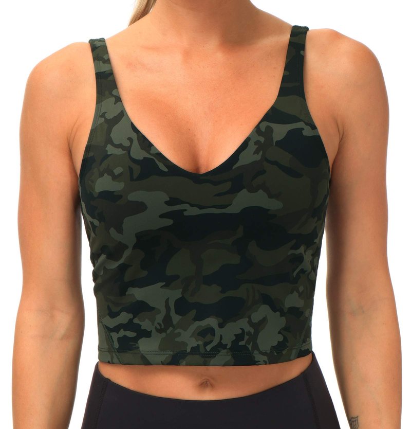 Women’s Longline Sports Bra Wirefree Padded Medium Support Yoga Bras Gym Running Workout Tank Tops Green Camo