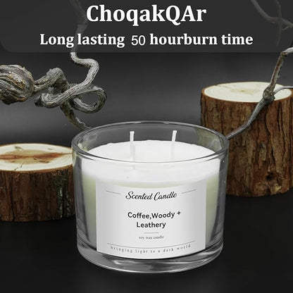 Premium 3-Wick Scented Candle 420g, Jar Aromatherapy Candle Birthday Gifts for Men and Women, Long Lasting 50H, Soy Wax Natural Essential Oil Blend for Home Office Spa (Coffee+Woody+Leathery)
