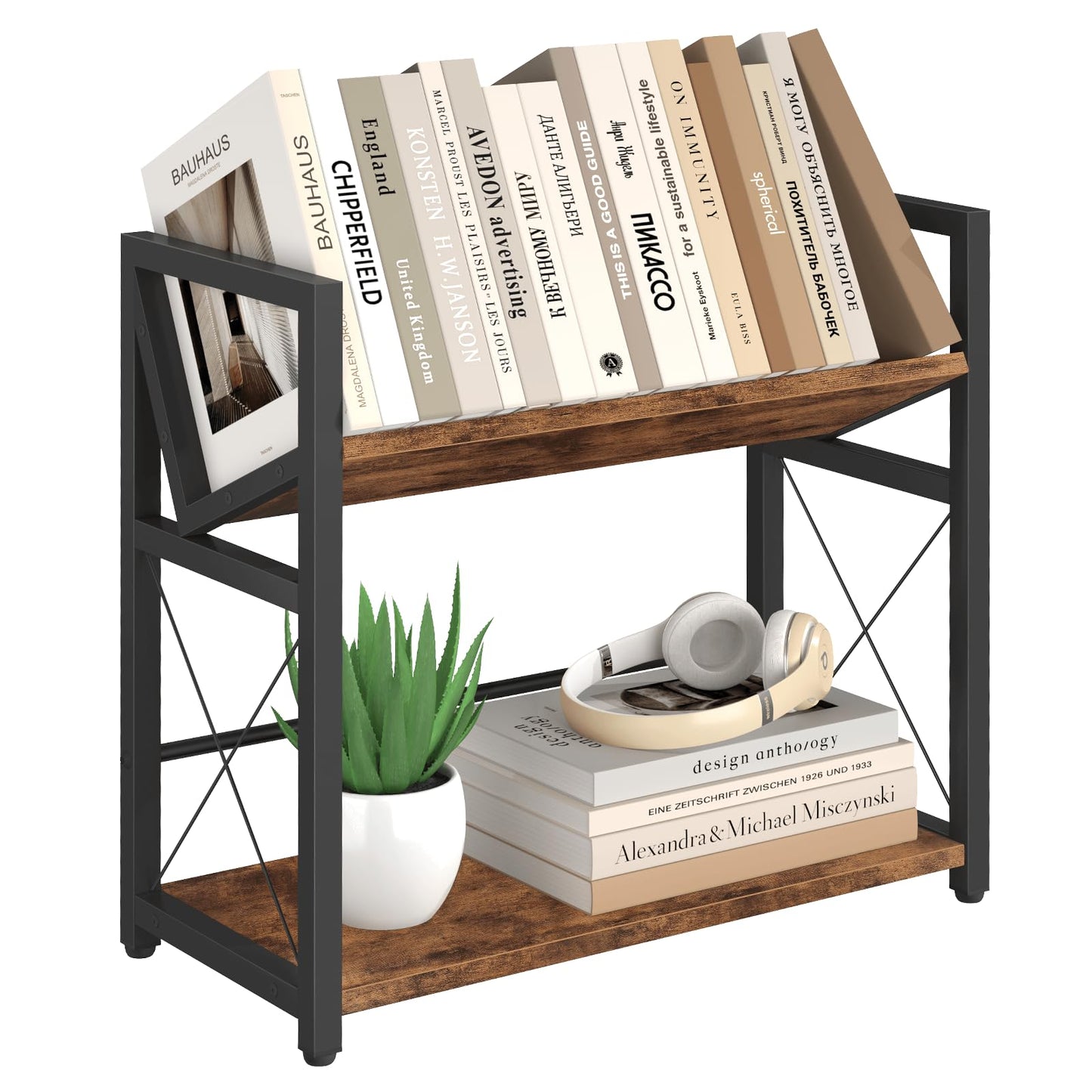 ELITEROO Desktop Bookshelf, 2 Tier Desk Shelf Organizer, Wooden Tabletop Bookcase, Small Desk Top Book Rack for Office, Home, Bedroom, Small Space Storage and Display, Rustic Brown