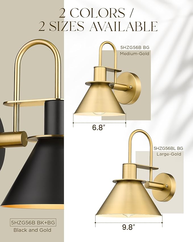 Gold Wall Sconces, HWH Indoor Wall Lights, Gooseneck Barn Wall Lamp, Brass Wall Sconce Light for Bedroom Living Room Kitchen, Gold Finish, 5HZG56B BG