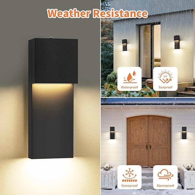 tewei Modern LED Outdoor Wall Sconce, 15'' Dusk to Dawn Outdoor Lighting Exterior Wall Lights, Black LED Front Porch Lights Outside Wall Mount Lighting for House, Backyard, Warm White 3000K, 2 Pack