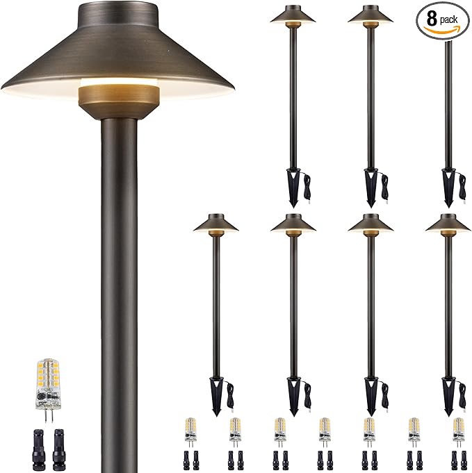 Gardenreet Brass Low Voltage Path Lights - 12V Landscaping Pathway Light IP65 Waterproof, Wired Walkway Lighting Outdoor, LED Antique Bronze for Lawn Backyard with 3W 5000K Daylight G4 Bulb (8 Pack)