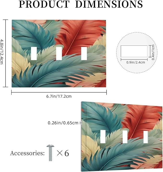 Colorful Feathers Blue Red Light Switch Covers 3 Gang Triple Toggle Wall Plate Decorative Switchplate Electrical Faceplate for Farmhouse Living Decor