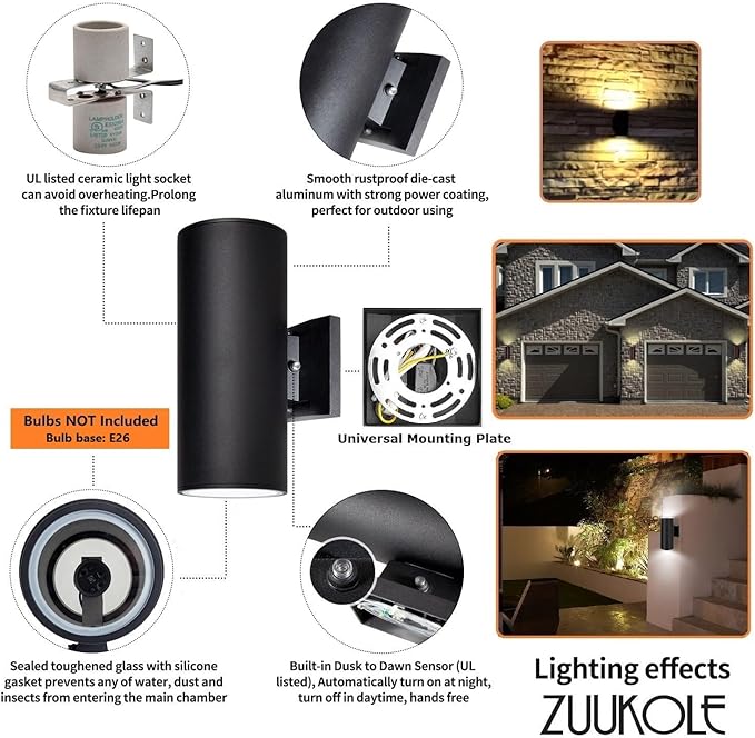 Dusk to Dawn Sensor Outdoor Wall Sconce, Exterior Lighting - ETL Listed, Die-Casting Aluminum Waterproof Wall Mount Cylinder Design - Up Down Light Fixture for Porch, Garage, Garden and Patio
