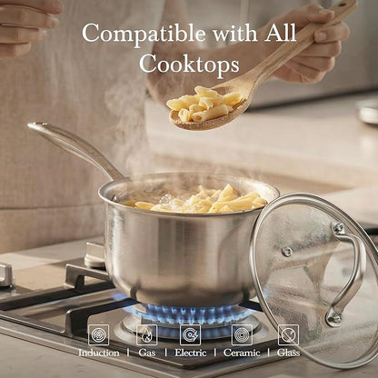 Tri-ply Stainless Steel Pot - 1.5 Qt & 2.5 Qt Heavy Duty Sauce Pan with Lid, Nonstick Stainless Steel Cookware Set Cooking Pot, Multipurpose Saucepan with Stay Cool Handle