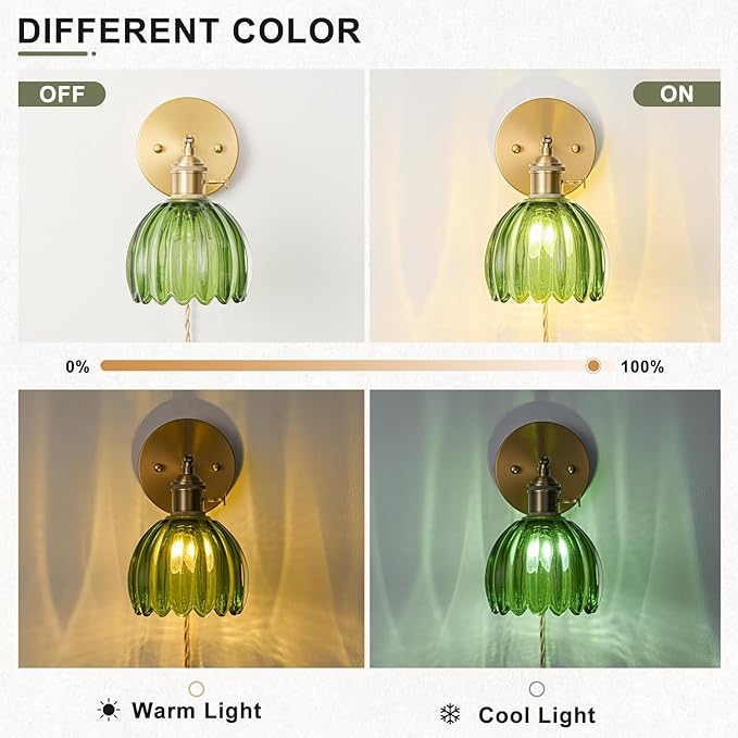 Plug in Wall Sconces Set of 2, Vintage Wall Sconce Light with Tulip Green Glass Lampshade, 180° Adjustable Wall Sconce with Switch and Plug in wall lamp Cord, Gold Wall Light Wall Decor Set of 2