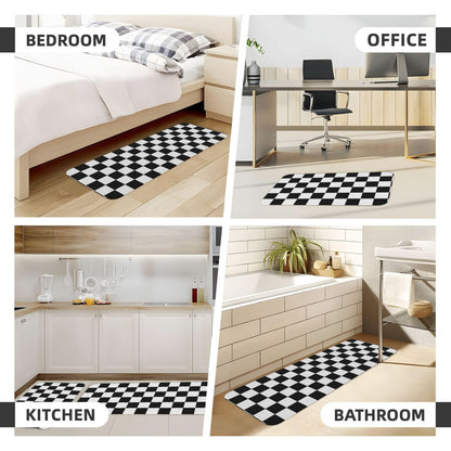 Sovvin Black and White Checkered Kitchen Rugs Microfiber Floor Mats Checkerboard Cushioned Carpet Runner Rug for Laundry Bathroom Living Room, 2 Piece Set 17"X 47" + 17"X 30"
