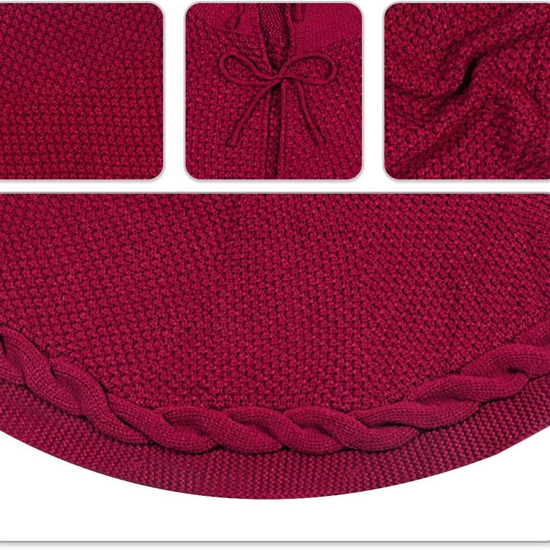 48 Inch Dark Red Knitted Christmas Maroon Tree Skirt， Large Xmas Tree Skirts Round Base Skirt for Holiday Party Decoration Ornament Supplies，for 6-8FT Tree Christmas Treer Burgundy Tree Skirt (48in)
