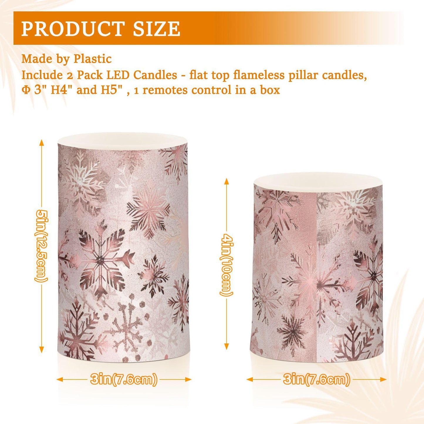 senya Christmas Lights Flameless Candles Seamless Pattern Rose Gold Snowflakes Pillar Candles Set of 2 Battery Operated Remote Control Warm Lights Home Decor