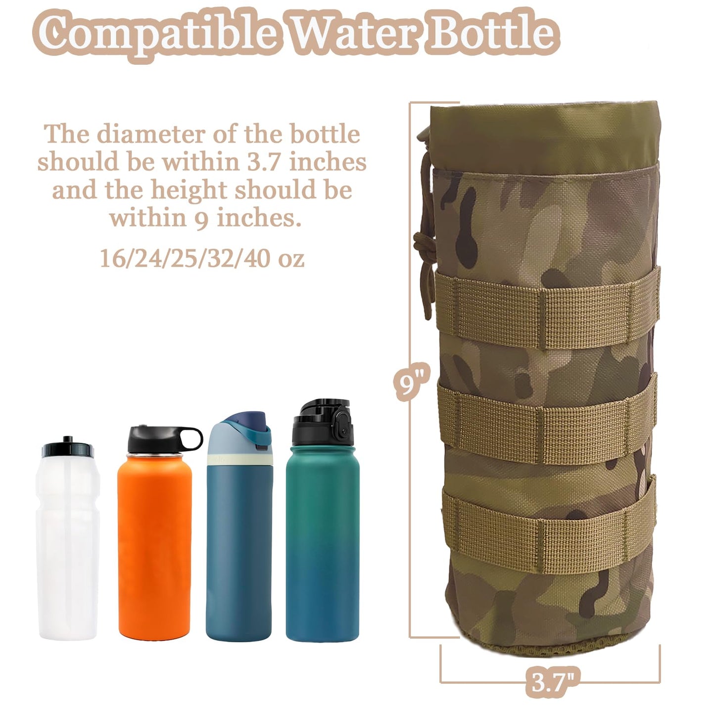 1000D Nylon Tactical Molle Water Bottle Pouches, Outdoor Sports Water Bottles Pouch Bag, 16/24/25/32/40oz Drawstring Open Top and Mesh Bottom Water Bottle Carrier Bag for Belt/Backpack/Vest/Bike
