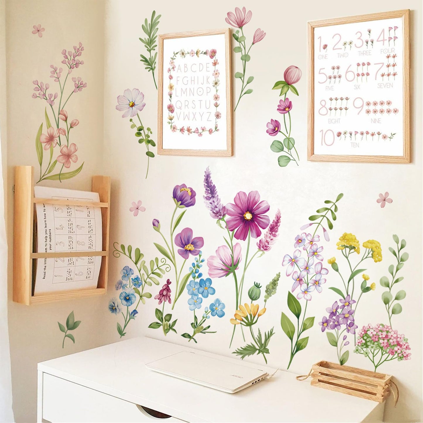 wondever Purple Wildflower Wall Stickers Garden Flower Daisy Floral Botanical Wall Art Decals for Bedroom Living Room Sofa