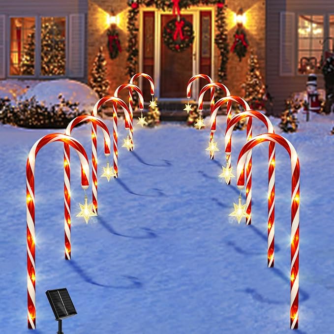 Christmas Decorations, 10 Pcs Christmas Candy Cane Lights with Star, 21'' Solar Pathway Lights with 8 Lighting Modes, Waterproof Garden Lights for Outdoor Christmas Patio Yard Walkway Decorations