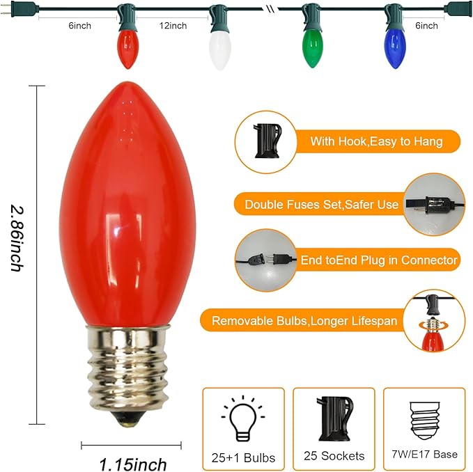 C9 LED Christmas Lights,25FT Vintage C9 Multicolor Christmas Lights Outdoor with 26 Colorful Ceramic LED Bulbs,Connectable Waterproof Light for Outdoor Christmas Decorations Tree Garden Gar