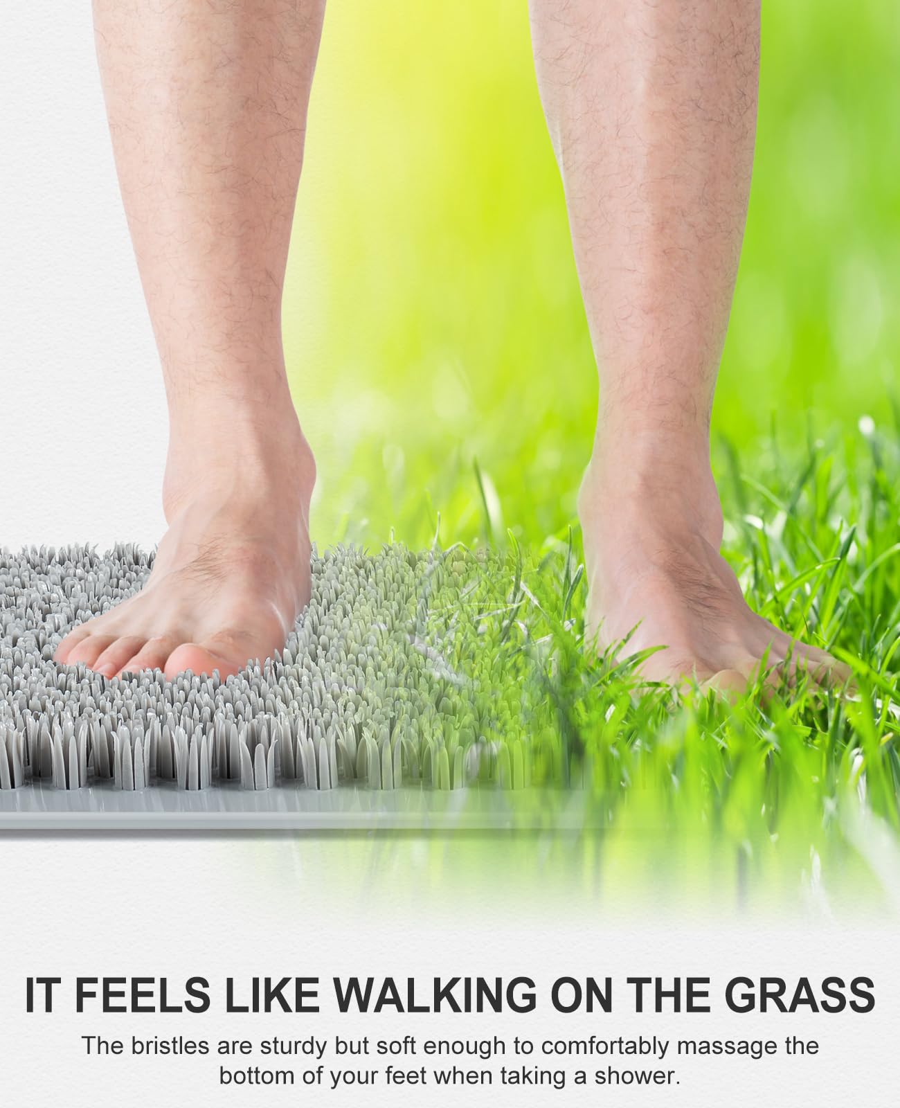 OTHWAY Non Slip Grassy Bathtub Mat : 25.6X13.4 inches Sturdy But Soft Bath Mat_Quick Drain Shower Floor Mat with Soft Bristles for Scrubbing Feet (Light Grey)