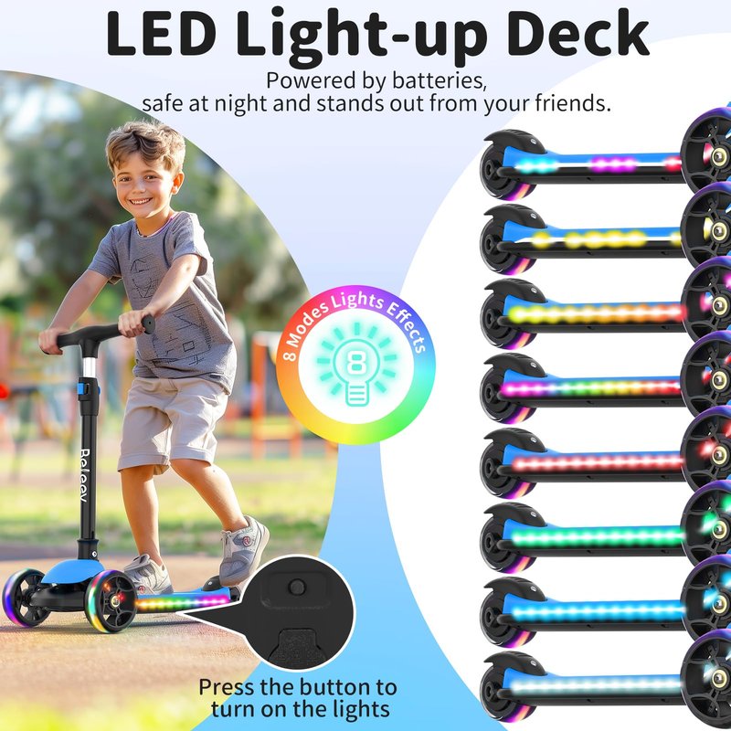 BELEEV Kids Scooter with LED Light-Up Wheels & Deck, 3 Wheel Folding Scooter for Toddlers Girls Boys Ages 3-12, Adjustable Handlebar, Lean to Steer, Extra Wide Wheel, Kick Scooter for Children (Blue)