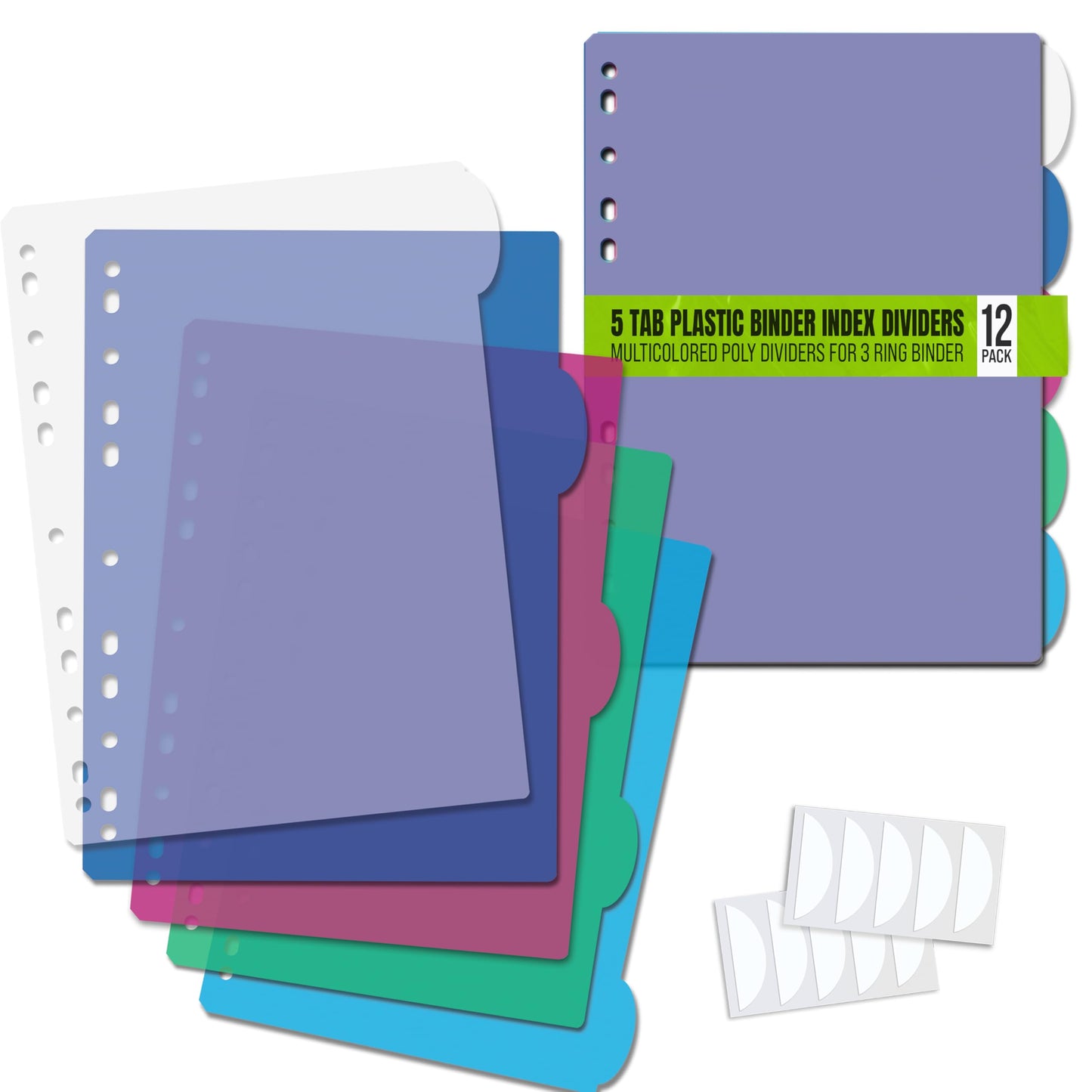 Better Office Products 5 Tab Plastic Binder Index Dividers, Large Rounded Index Tabs, 12 Pack, Multicolored Poly Dividers for 3 Ring Binder, with White Labels, 12 Sets