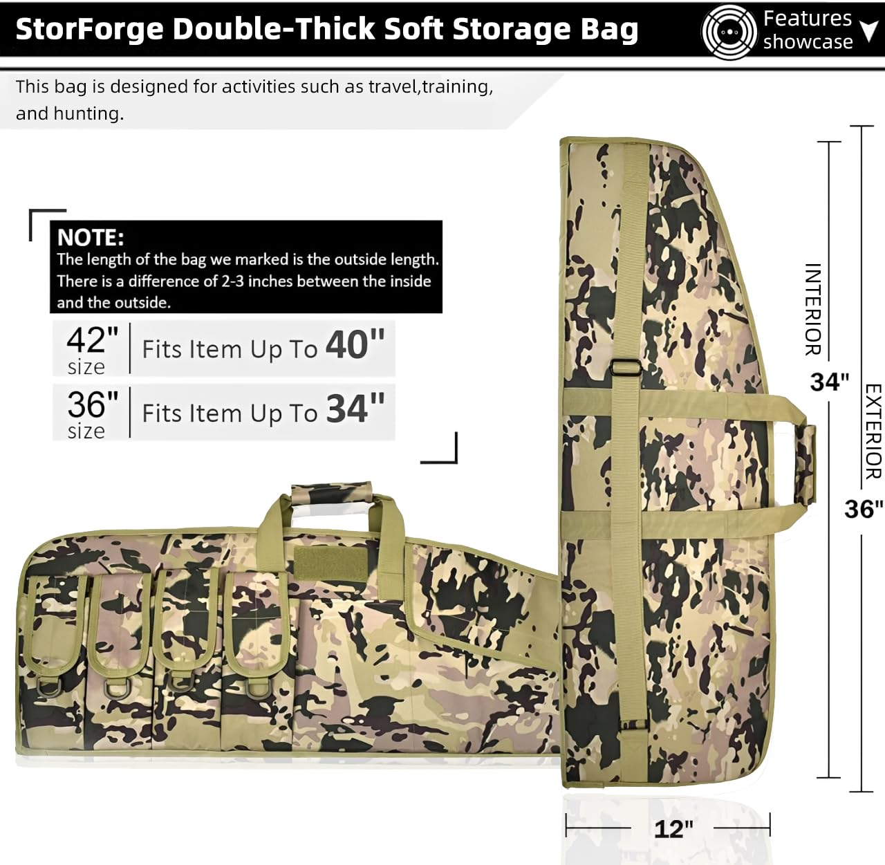 StorForge Tactical Rifle Case Single Scoped,Soft Shooting Range Bag with Fastening Straps Inside,Dual Lockable Zippers,6 Pouches,2 carrying methods,36" 42" (Camo, 36IN)