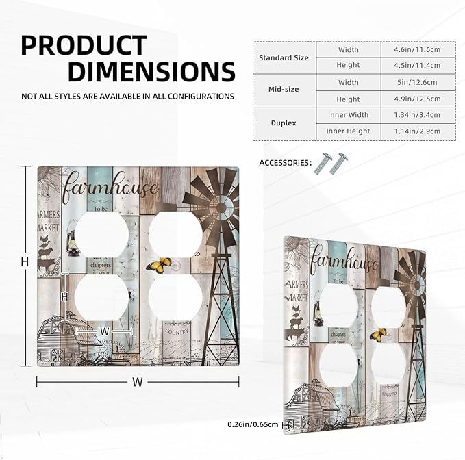 Decorative Light Switch Cover Plate Rustic Farmhouse Colorful Wooden Barn Door 2 Gang Socket Covers Double Duplex Wallplates Switch Plates and Outlet Covers for Kitchen Home Decor