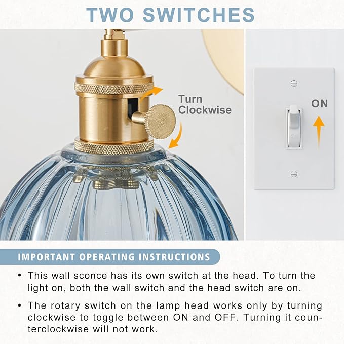 Wall Sconces Set of Two Hardwired, Vintage Sconce Light with Tulip Denim Blue Glass Lampshade, Bathroom Wall Lights with Switch, Gold Wall Light Sconces Wall Decor Set of 2
