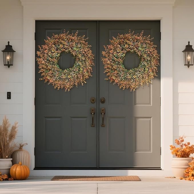 26" Fall Wreath for Front Door - Large Artificial Eucalyptus Leaves with Orange Seeds Outdoor Wreath for Porch, Window,Farmhouse,Home,Thanksgiving Day Harvest Festival Autumn Decor