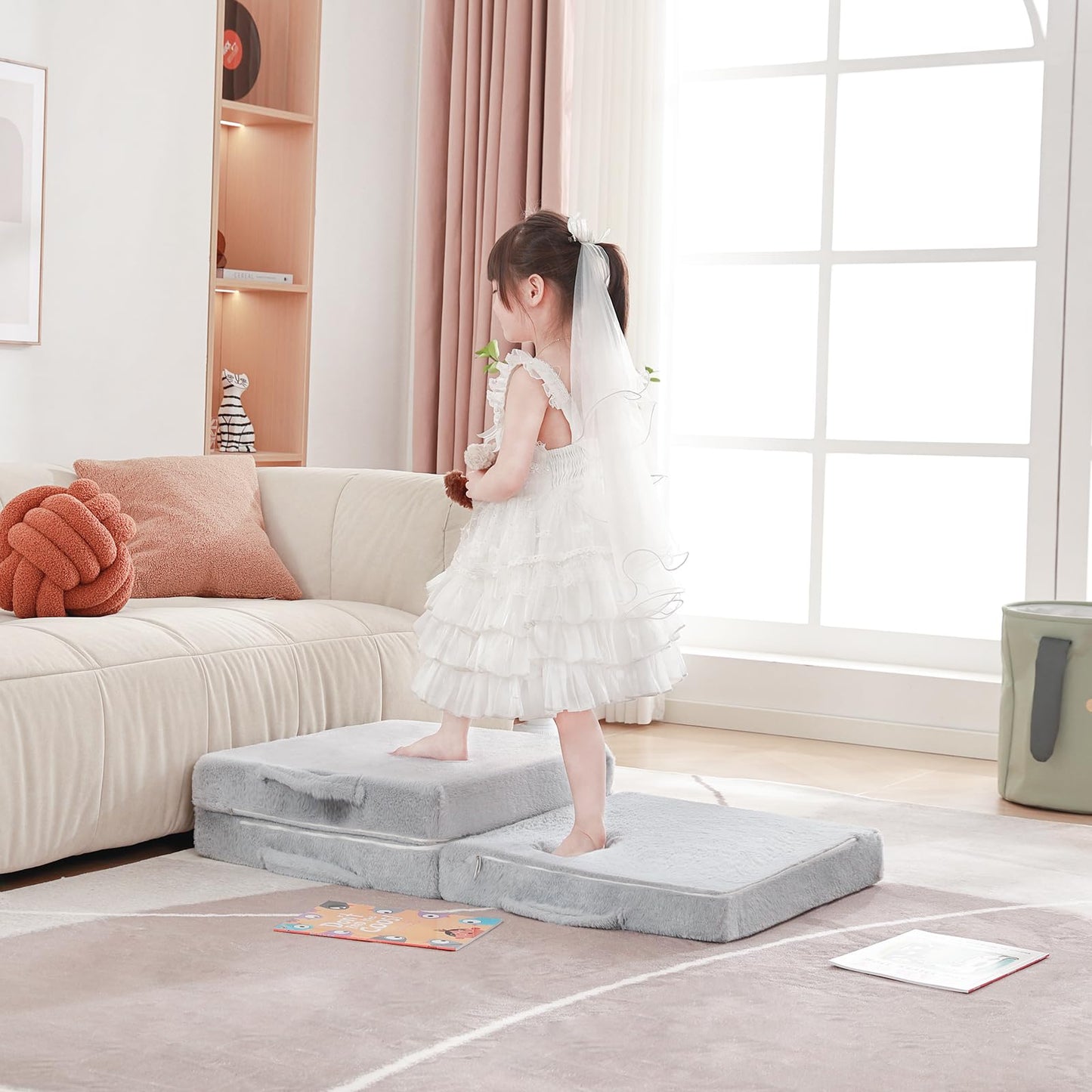 Givjoy Foldable Floor Mattress for Kids, Toddler Washable Tri Folding Floor Nap Mat for Sleeping Daycare, Child Trifold Futon Sofa Bed with Storage Bag for Playroom, Bedroom, Girls and Boys