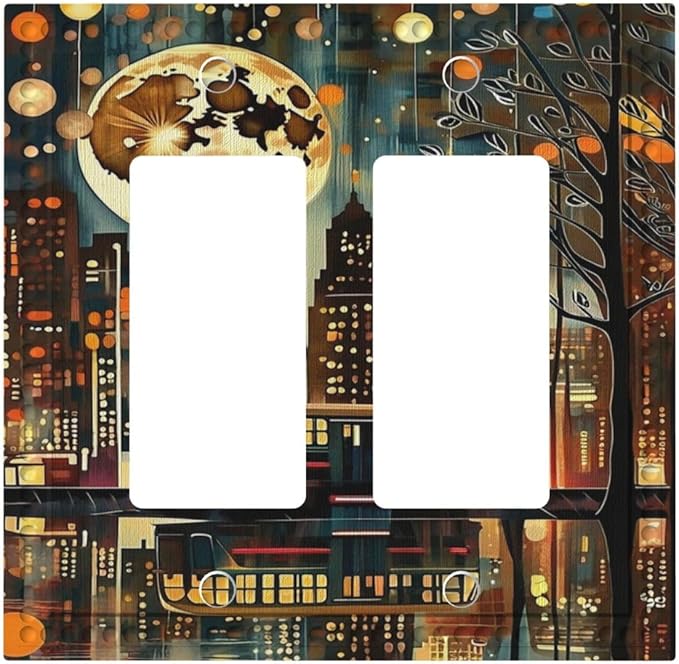 City Light Moon Bus Abstract Art Dual Outlet Covers Wall Plate 2 Gang Rocker Decora Decorative Switchplate Electrical Faceplate GFCI Light Switch Covers for Farmhouse Living Decor