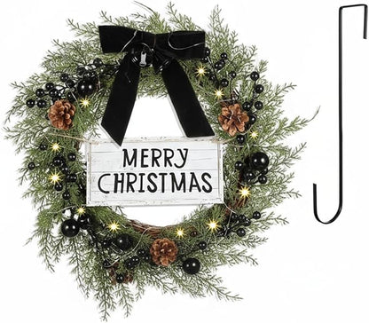 Lighted Christmas Wreath for Front Door with Metal Hanger 16'' Artificial Norfolk Wreath with Velvet Bow LED Lights Jingle Bells Pinecone Berries Christmas Holiday Winter Decor(Black)