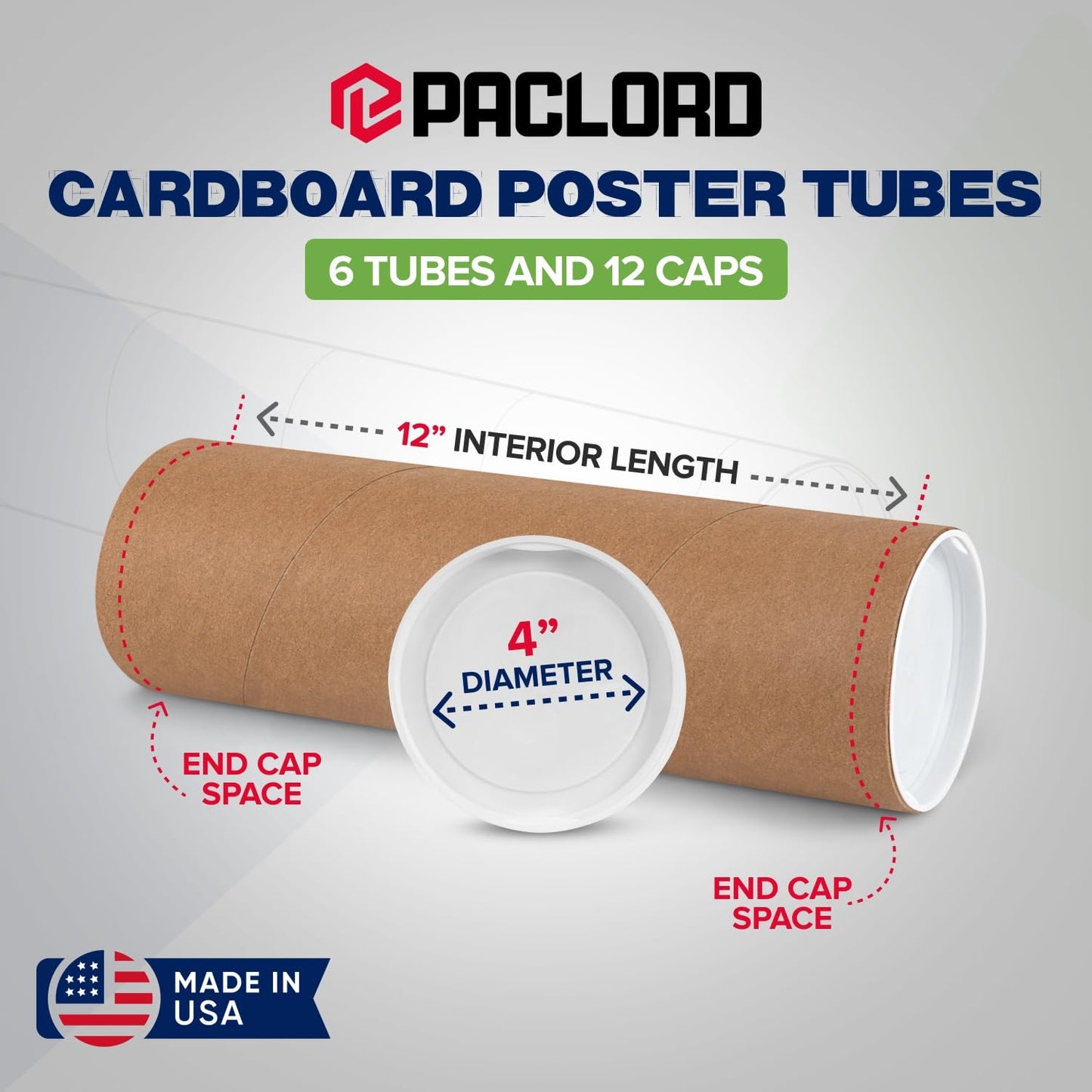 4" x 12" Reinforced Kraft Paper Mailing Tube, Pack of 6 Tubes with 12 Caps – Secure USPS Approved Poster Tube – Made in USA Cardboard Tube for Shipping and Storing Posters, Prints, Artwork