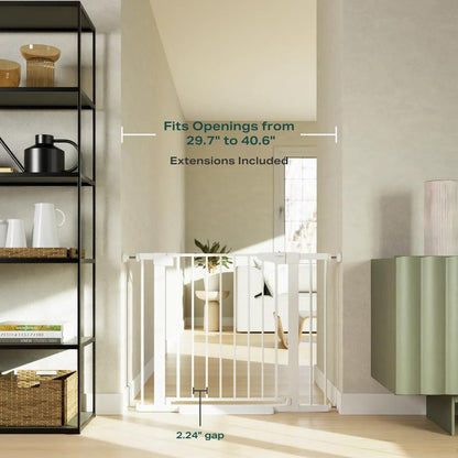 Cumbor 29.7-40.6" Baby Gate for Stairs, Mom's Choice Awards Winner-Dog Gate for Doorways, Pressure Mounted Auto-Close Pet Gates for Dogs Indoor, Safety Child Gate with Easy Walk Thru Door, White