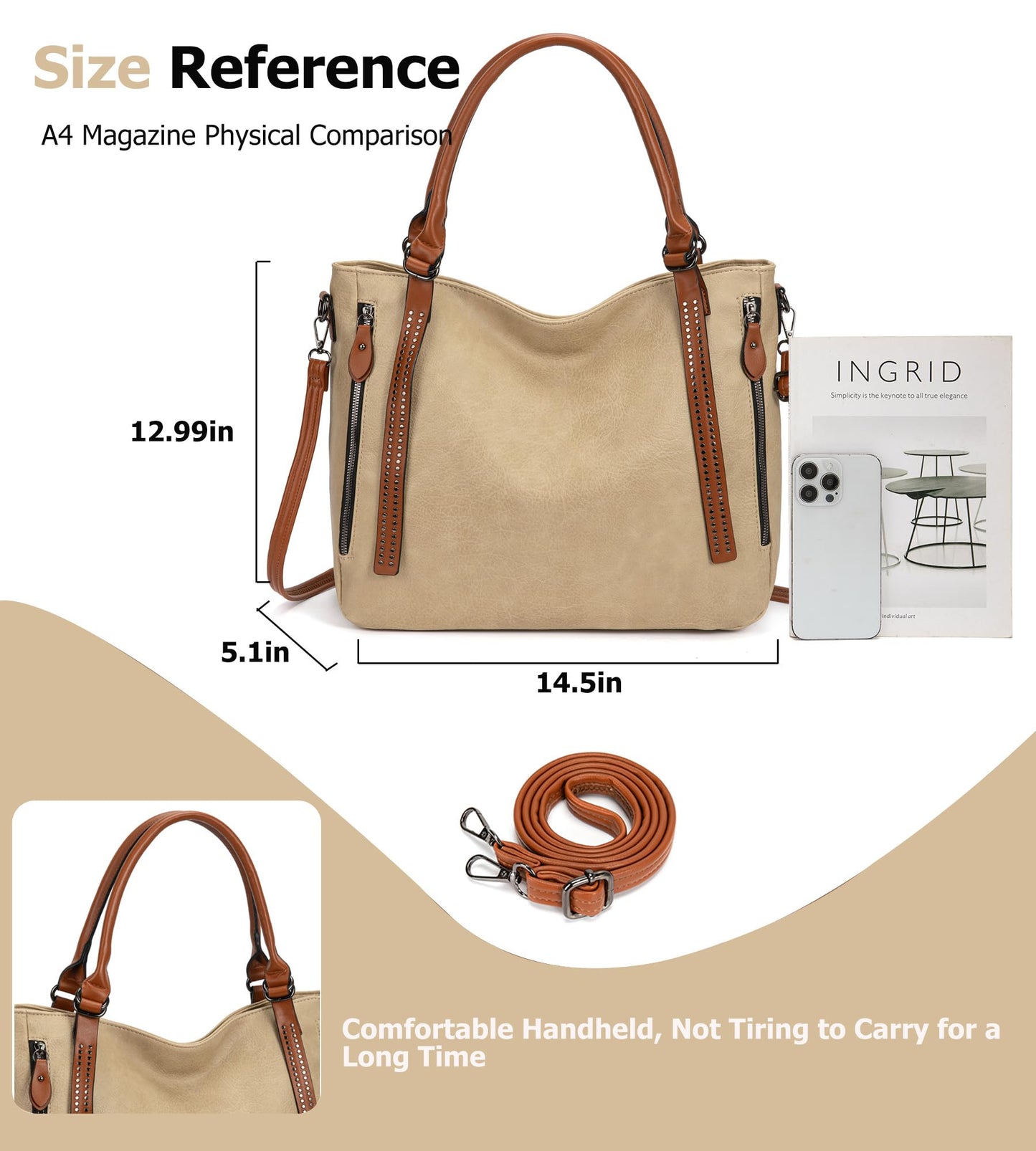 myfriday Vintage Slouchy Tote Bag for Women, Large Vegan Leather Hobo Shoulder Bag Satchel Purse with Adjustable Strap (Apricot)