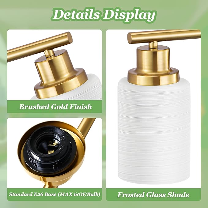 3-Light Bathroom Light Fixtures, Vanity Lights for Mirror with Textured Milky White Glass Shade, Modern Kitchen Light Fixtures Wall Sconce Light - E26 Base - Brushed Gold