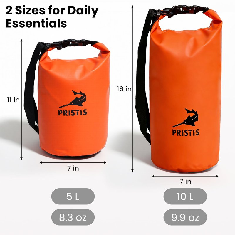 Pristis Waterproof Dry Bag, 5L Lightweight Floating Kayak Storage Backpack for Men Women, Durable Outdoor Roll Top Dry Sack Gear Accessory for Kayaking Fishing Rafting Beach Camping, Orange